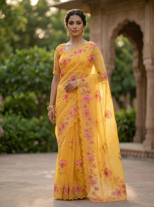 Amthi Yellow Linen Saree with Pink Poppy Floral, Gold Zari Aari Embroidery & Scallop Cut Border