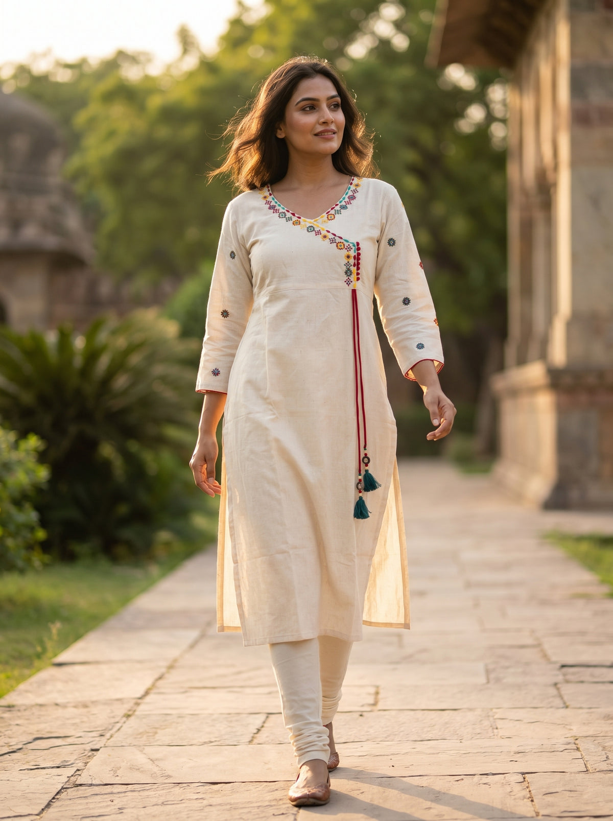 Amthi Off White Linen Kurti for Women | Angrakha Neck Kurta