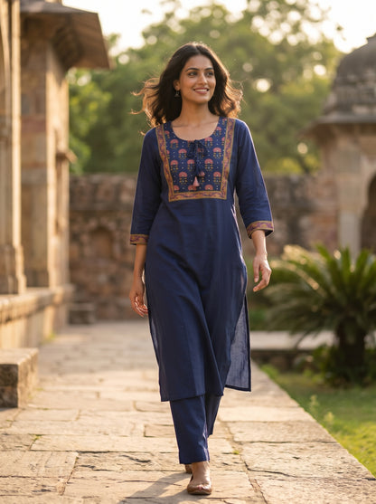 Amthi Navy Blue Cotton Straight Kurti for Women | Floral Printed Yoke | Tassel Tie Neck
