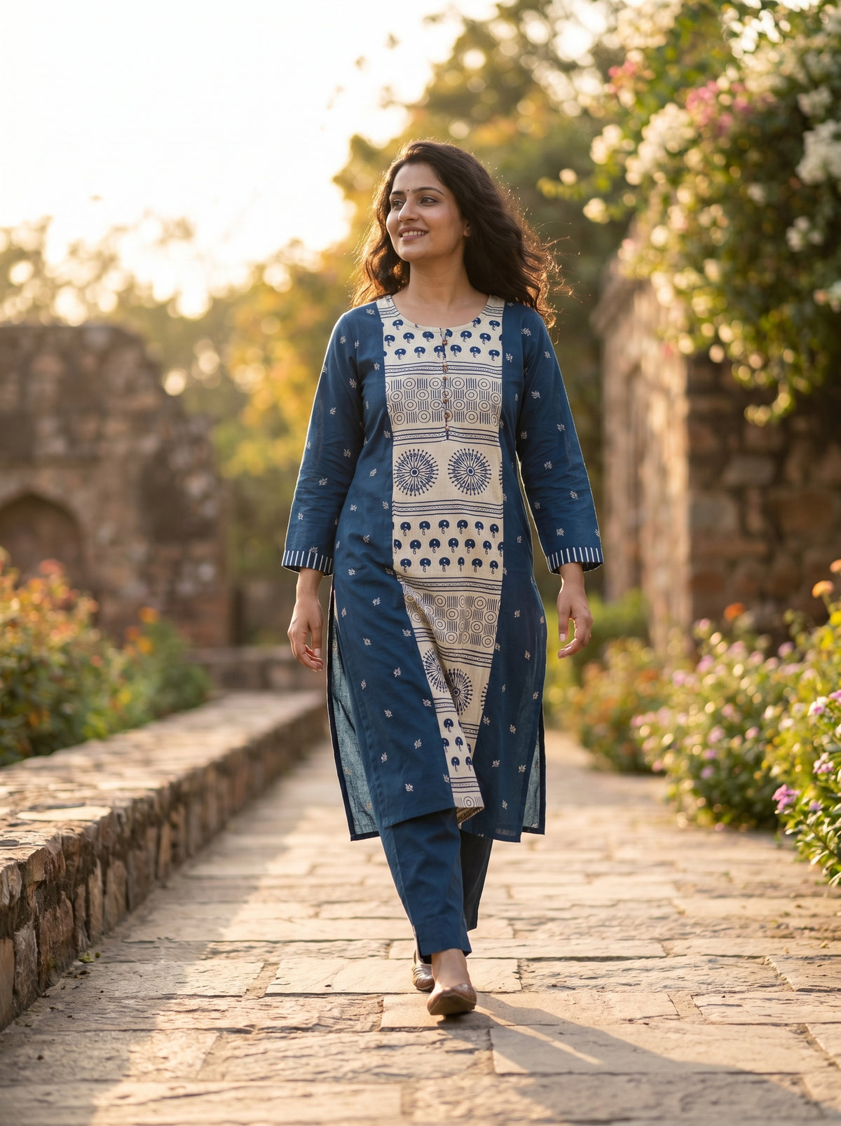Amthi Teal Blue Straight Block Print Pure Linen Kurta for Women