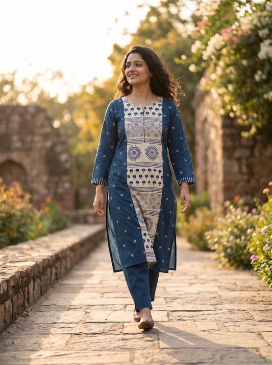 Amthi Teal Blue Straight Block Print Pure Linen Kurta for Women