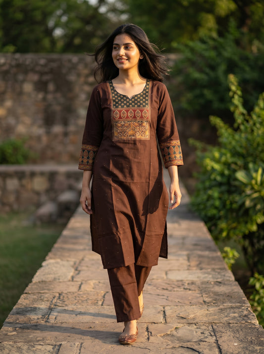 Amthi Brown Pure Linen Kurta Set | Ajrakh Block Print & Sequin Yoke
