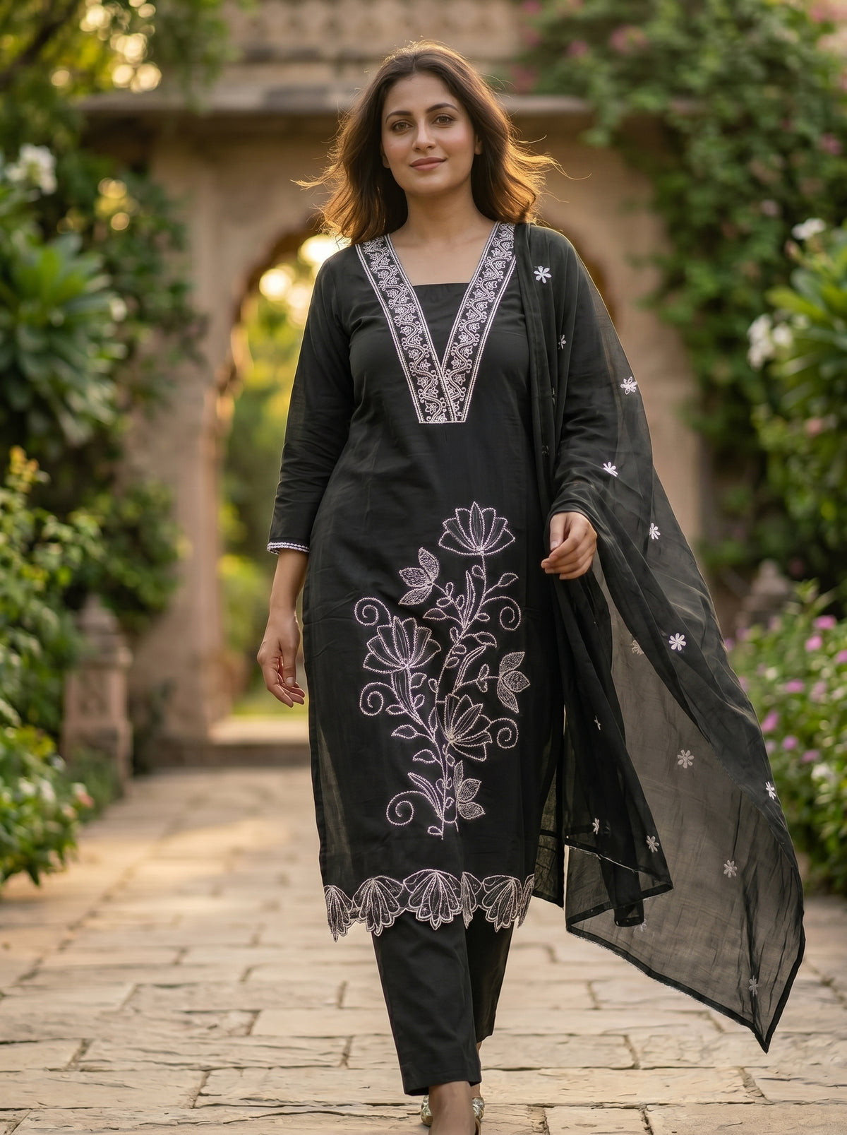 Amthi Women's Black Pure Cotton Embroidered Straight Kurta with Trousers and Dupatta Set