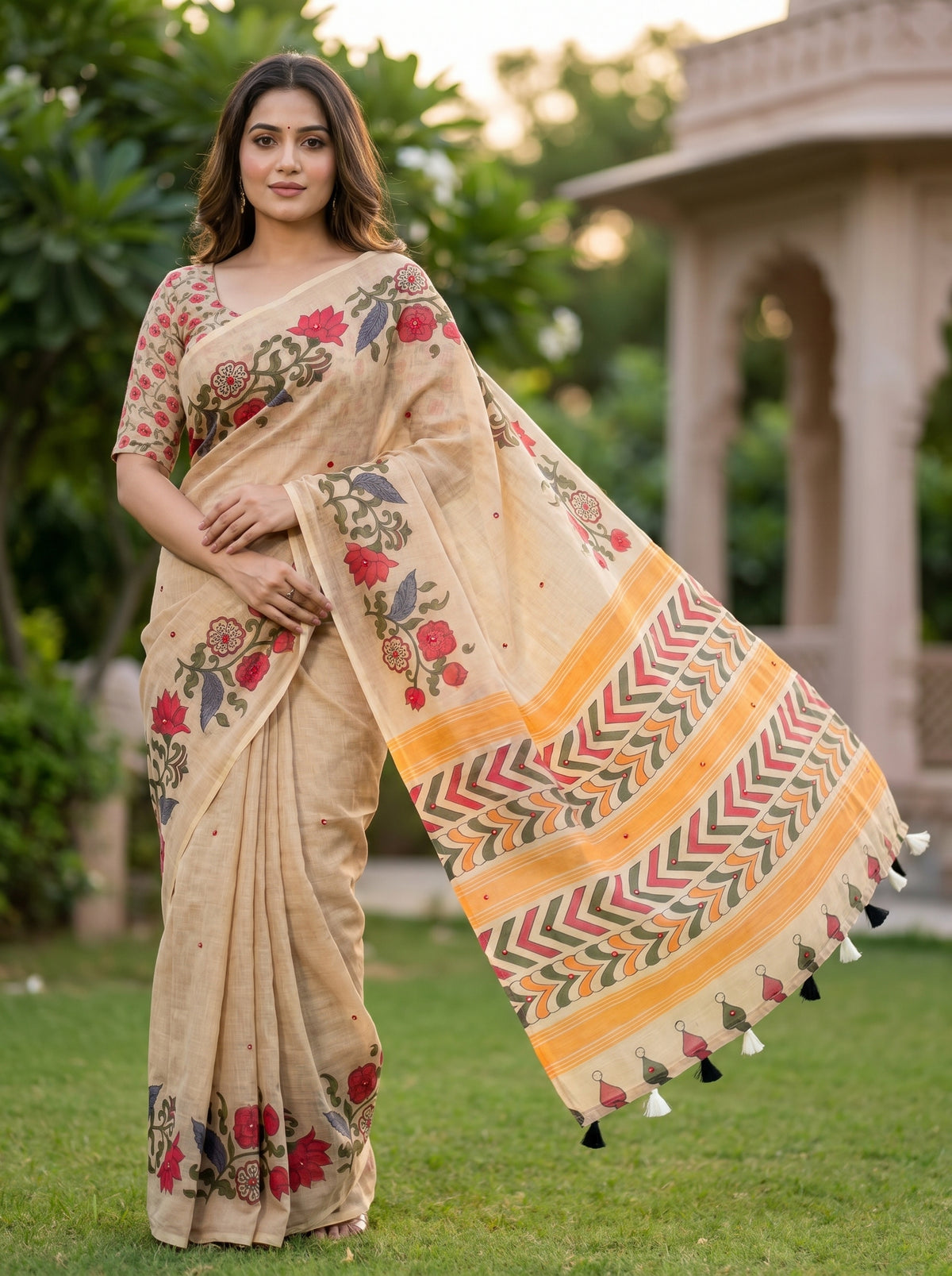 Amthi Beige Linen Saree with Digital Floral Print, Mirror Work & Tassel Pallu