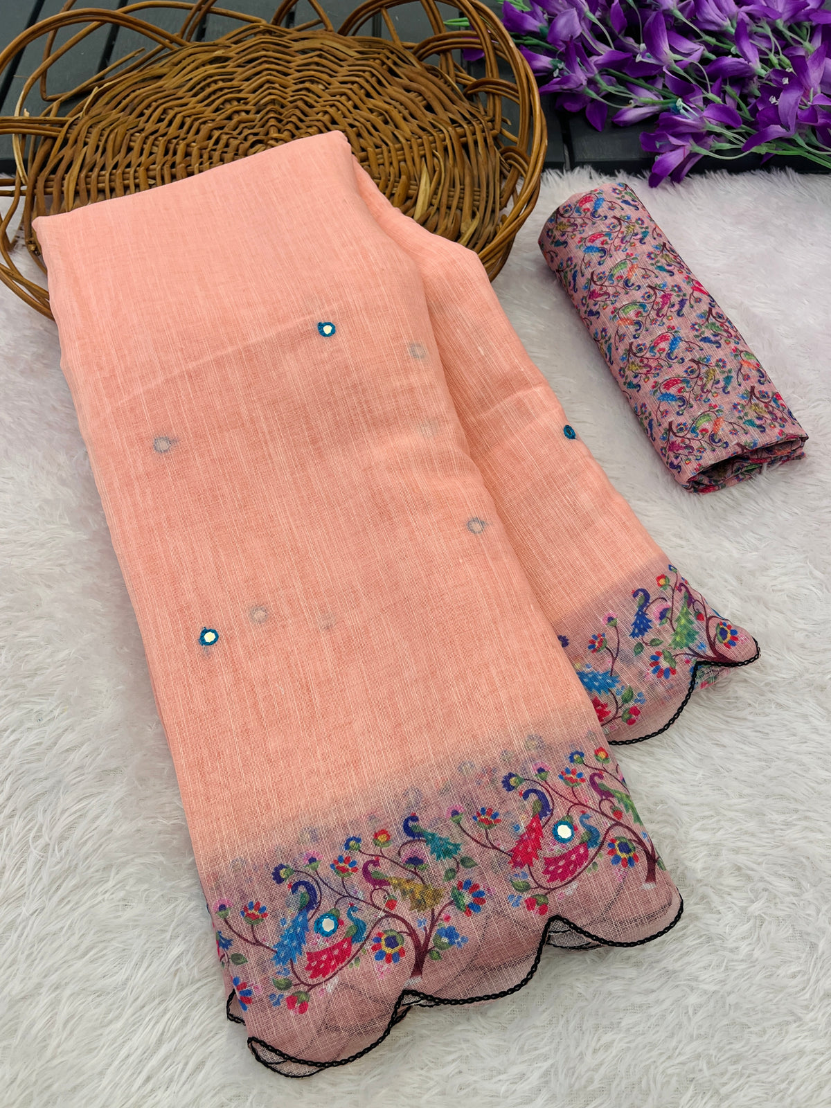 Amthi Linen Beige Peacock Floral Mirror Work Scallop Cutwork Border Saree