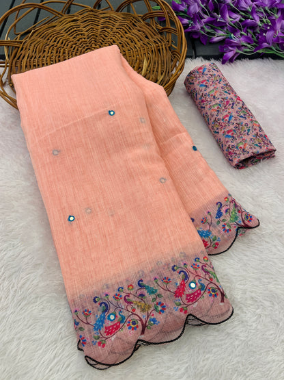 Amthi Linen Beige Peacock Floral Mirror Work Scallop Cutwork Border Saree