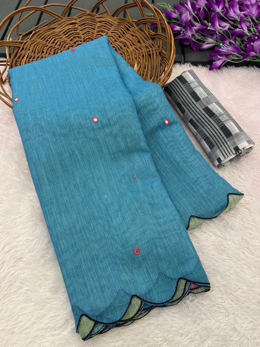 Amthi Cotton Linen Blue Pink Shibori Mirror Woek Scallop Border Saree