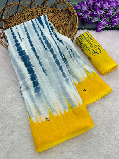 Amthi Linen Yellow Tie Dye Digital Print Mirror Work Tassel Saree