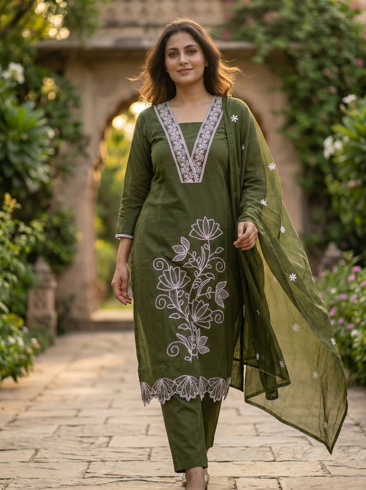 Amthi Women's Olive Green Floral Embroidered Pure Cotton Kurta Set