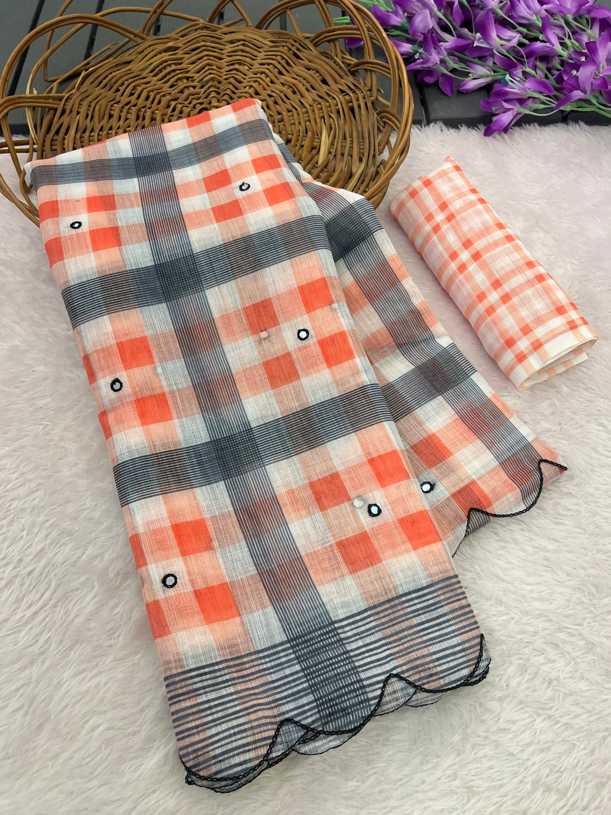 Amthi Linen Orange Grey Check Print Mirror Scallop Cutwork Daily Wear Saree