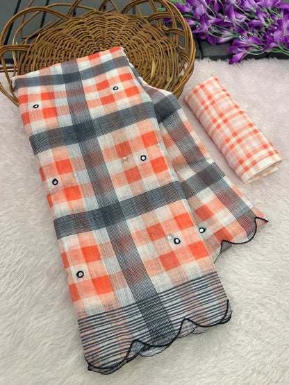 Amthi Linen Orange Grey Check Print Mirror Scallop Cutwork Daily Wear Saree