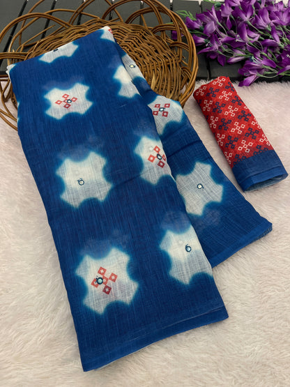 Amthi Cotton Linen Navy Blue Star Print Mirror Work Tassel Pallu Saree