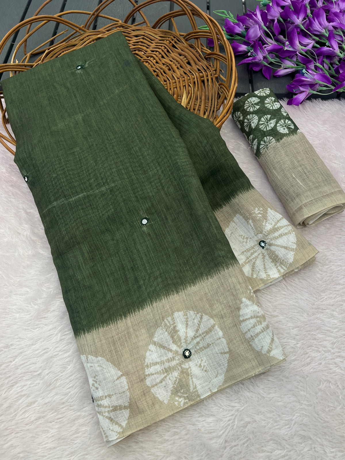 Amthi Floral Green Cotton Linen Saree with Digital Print & Tassels on Pallu