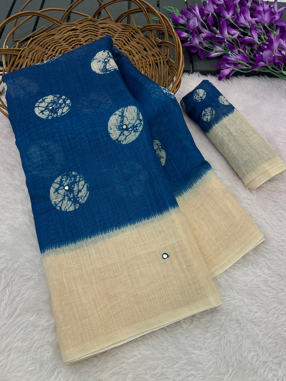 Amthi Navy Blue Digital Batik Print Cotton Linen Saree for Women