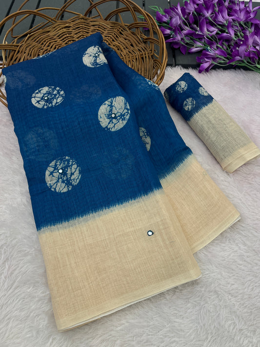 Amthi Navy Blue Digital Batik Print Cotton Linen Saree for Women