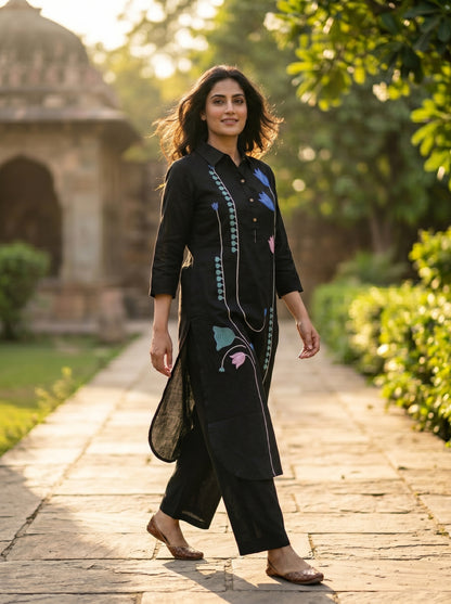 Amthi Black Pure Linen Kurta Pant Co-Ord Set Tulip Embroidery for Women