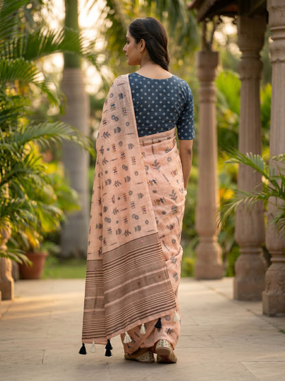 Amthi Peach Linen Saree with Warli Tribal Print, Mirror Work Border