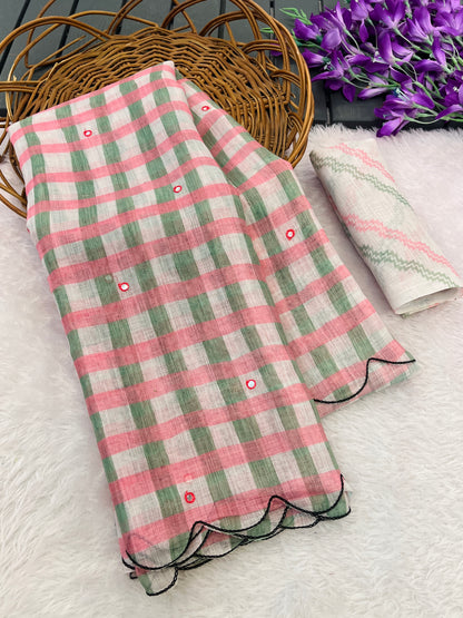 Amthi Linen Pink Green Check Print Mirror Work Scallop Cutwork Border Saree