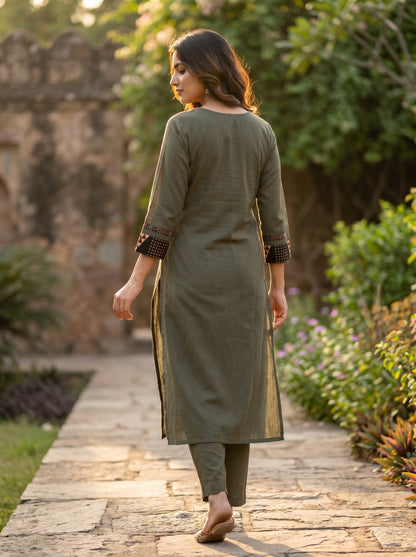 Amthi Sage Green Linen Embroidered Straight Kurta for Women | Daily Wear Kurti