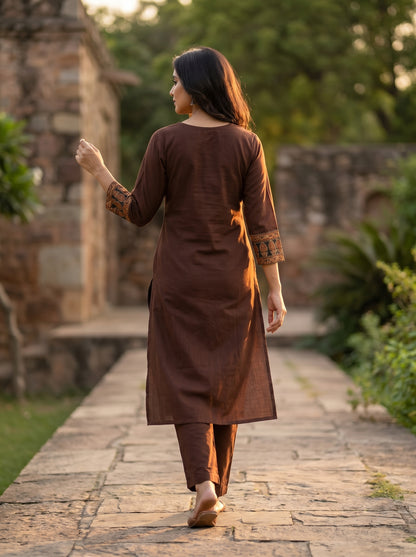 Amthi Brown Pure Linen Kurta Set | Ajrakh Block Print & Sequin Yoke