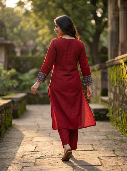 Anthi Maroon Linen Sequin Work Kurta Set for Women