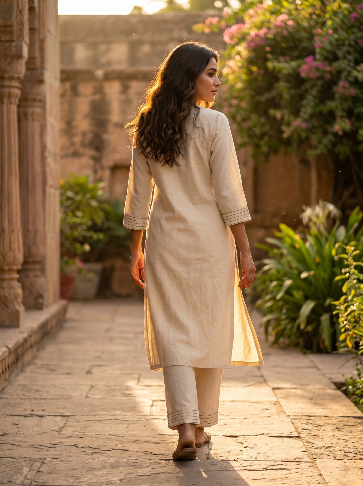 Amthi Off-White Cotton Linen Kurta Set with Thread Embroidery, Kantha Stitch & Side Pocket Pant