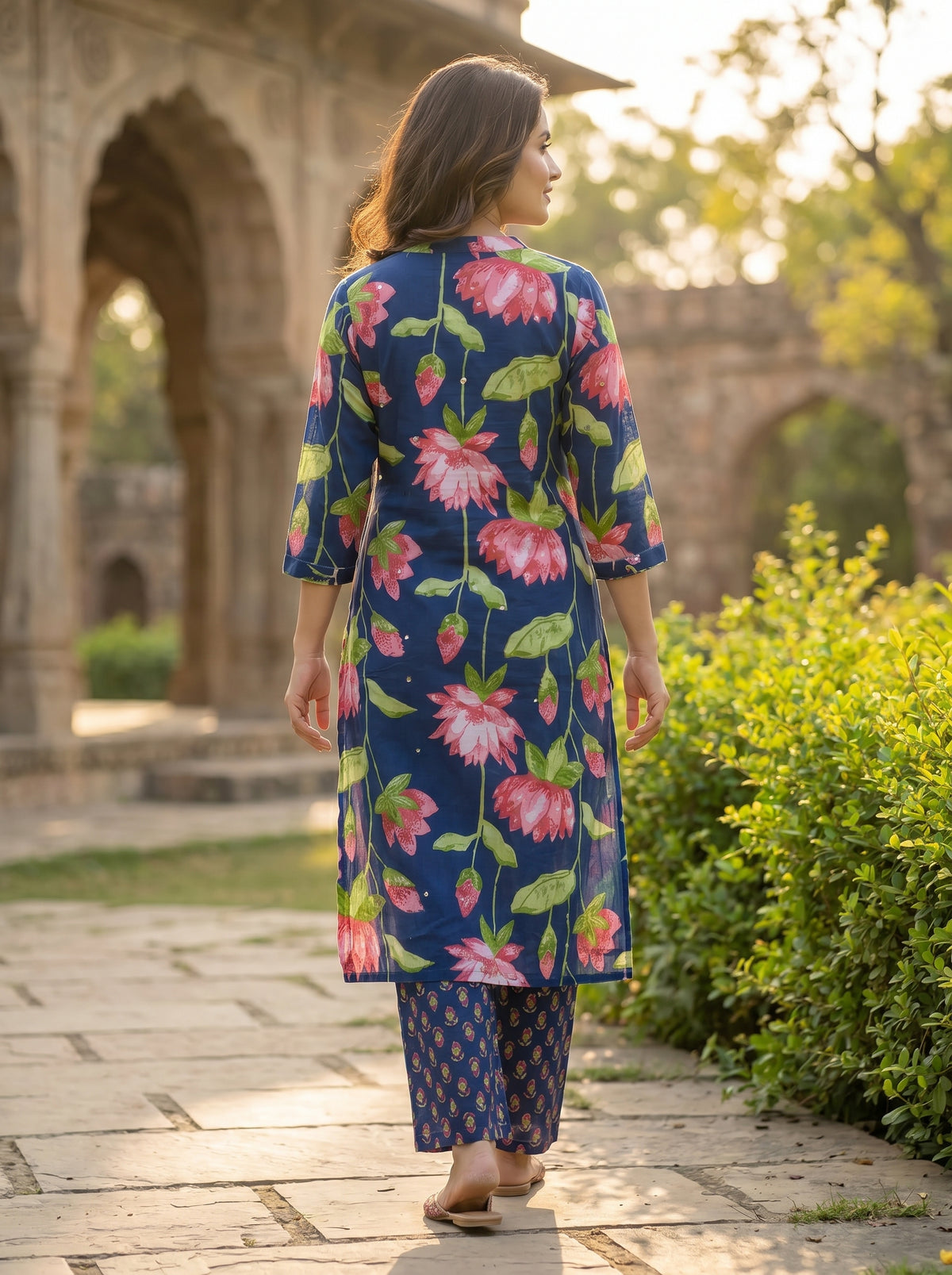 Amthi Navy Blue Lotus Floral Cotton Kurta Set for Women | Lace & Sequin Detail
