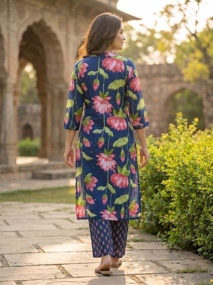 Amthi Navy Blue Lotus Floral Cotton Kurta Set for Women | Lace & Sequin Detail