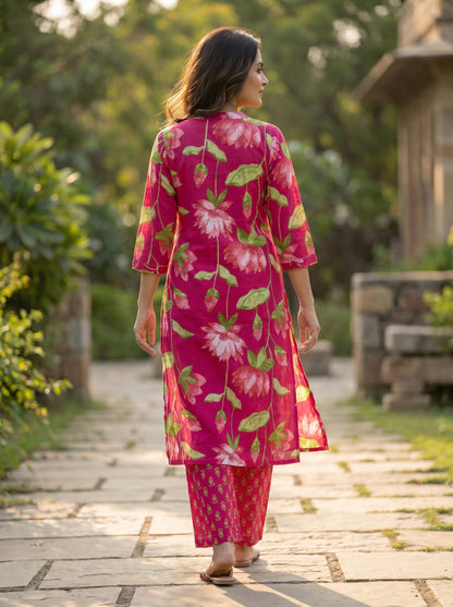 Amthi Pink Lotus Floral Print Pure Cotton Kurta Set | 2-Piece Women's Ethnic Wear