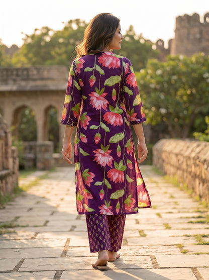 Amthi Wine Floral Print Pure Cotton Kurta Set | 2-Piece Women's Ethnic Wear