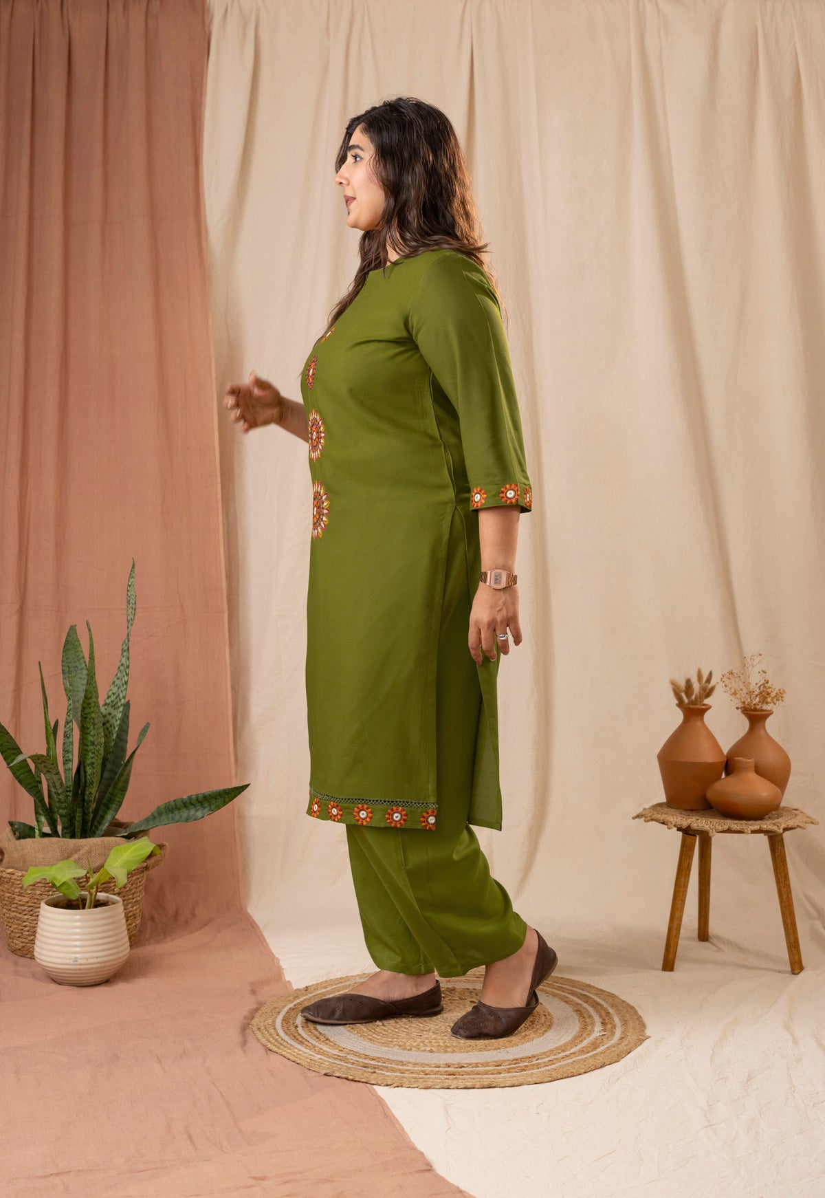 Amthi Women Olive Green Rayon Embroidered Straight Kurta Pant Set with Pocket