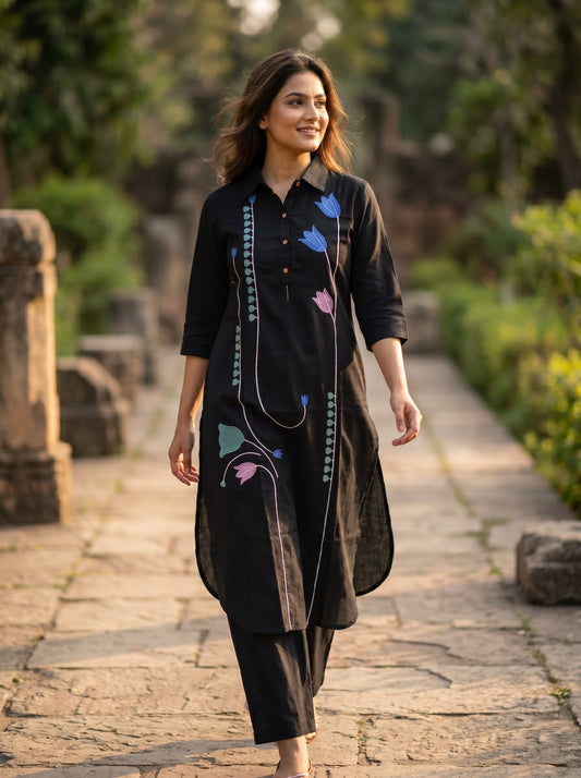 Amthi Black Pure Linen Kurta Pant Co-Ord Set Tulip Embroidery for Women