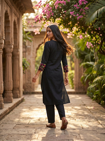 Amthi Black Linen Kurta Pant Set for Women | Floral Embroidery with Multicolour Tassel