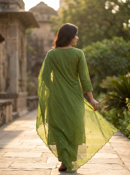 Amthi Mehndi Green Pure Cotton Suit Set | Floral Butta Kurta with Lace Work