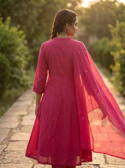 Amthi Rani Pink Pure Cotton Anarkali Kurta Set — 3 Piece Suit Set for Women