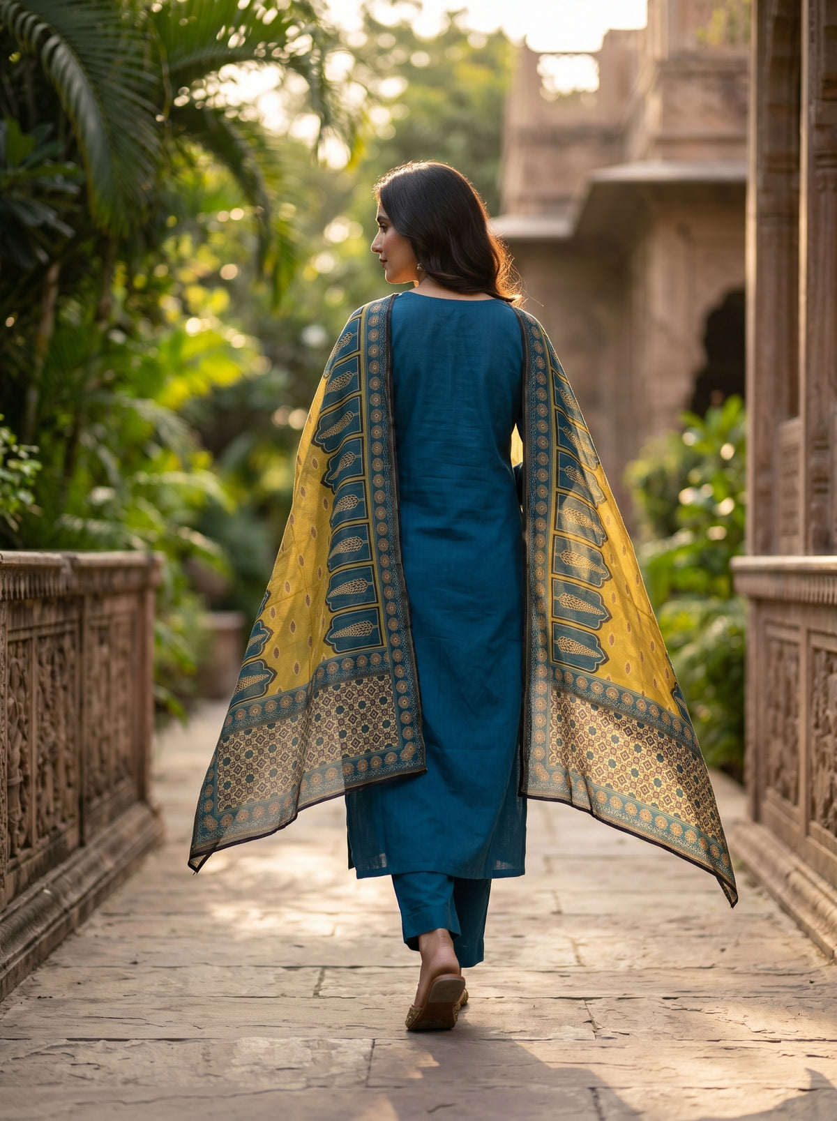 Amthi Teal Pure Linen Embroidered Suit Set | Sequin & Block Print Yoke