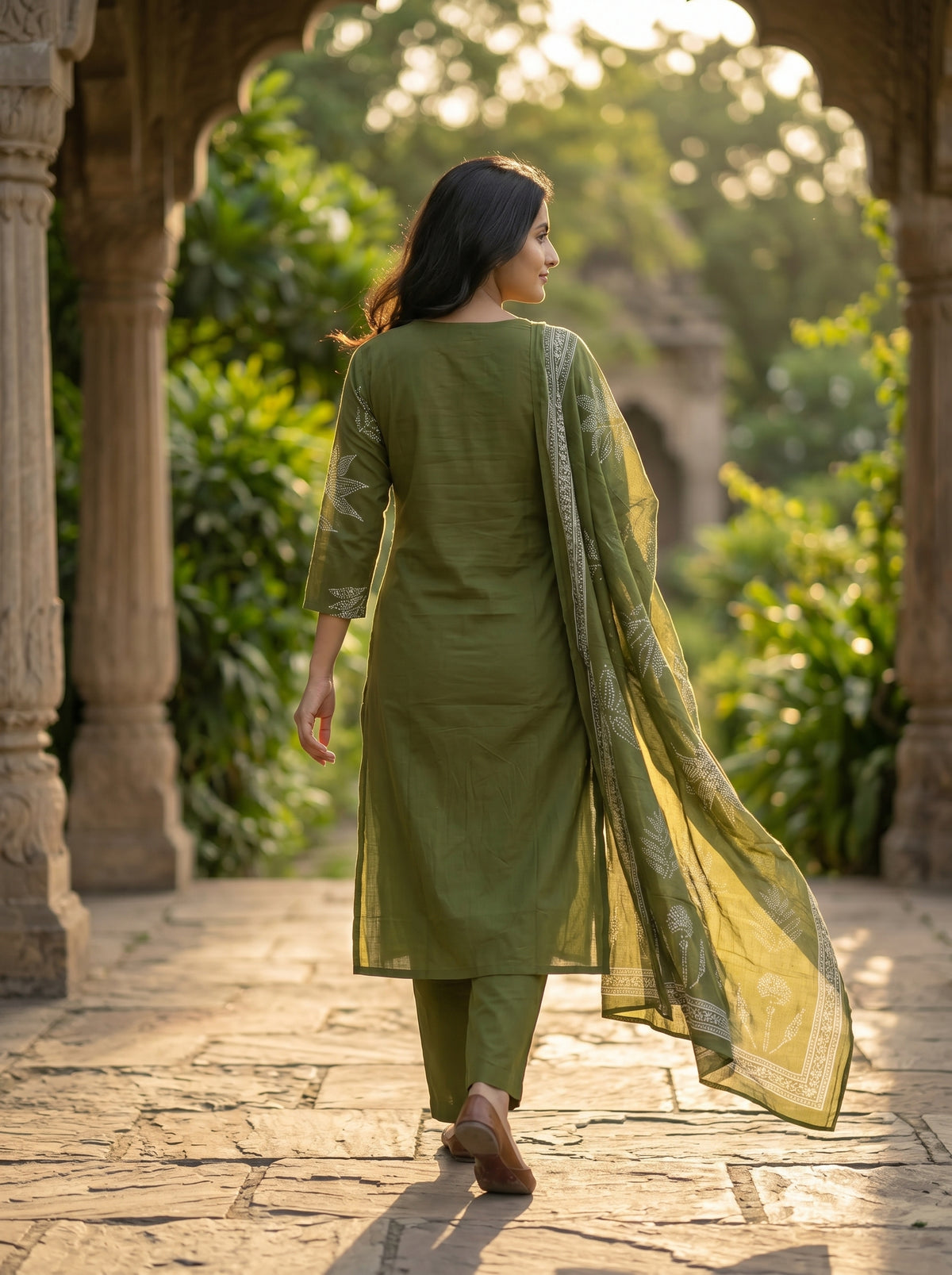 Amthi Women's Olive Green  Botanical Printed Pure Cotton Straight Kurta with Trousers Set