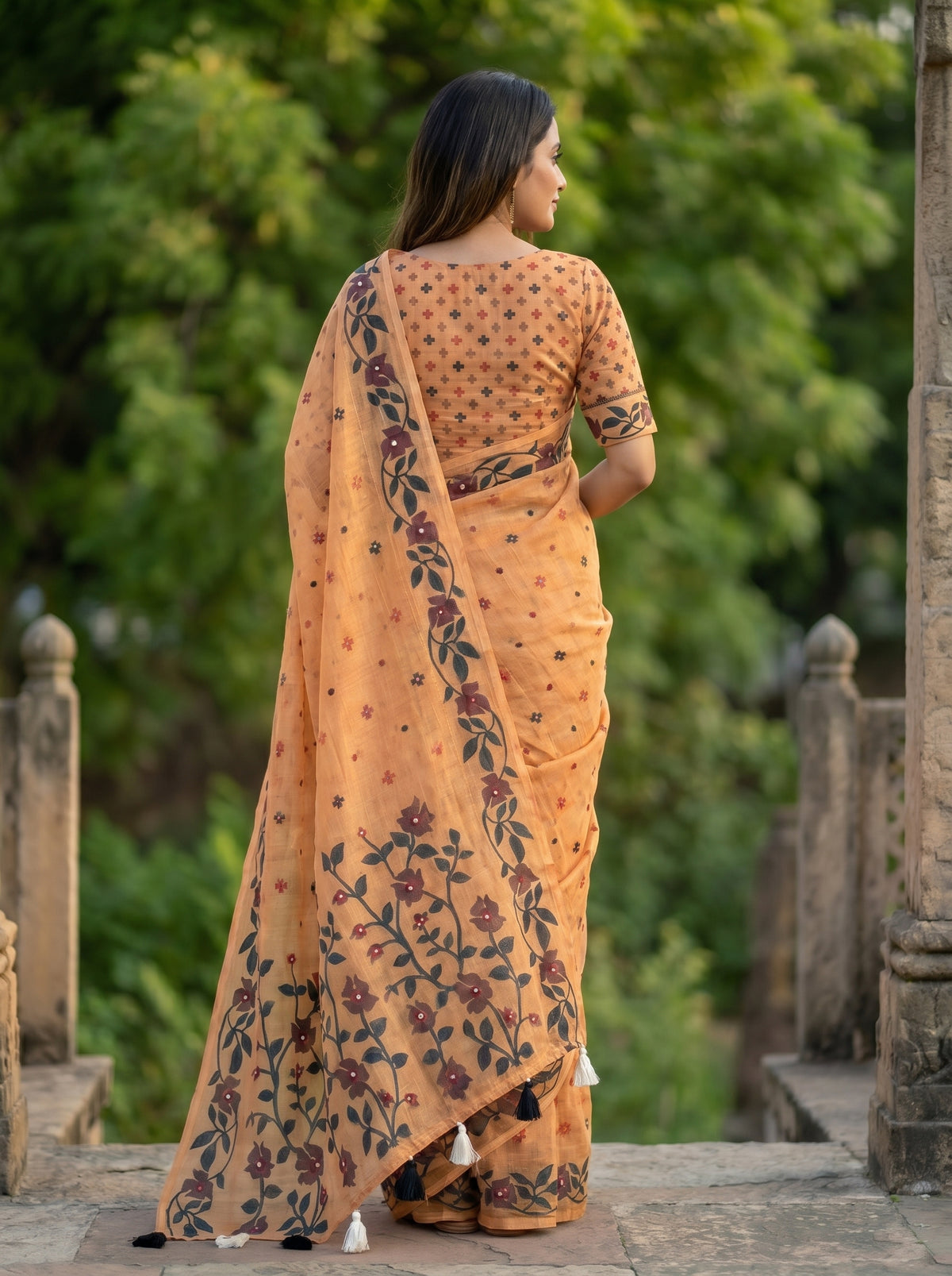 Amthi Light Brown Pure Linen Saree with Floral Vine Block Print & Mirror Work | Tassel Pallu