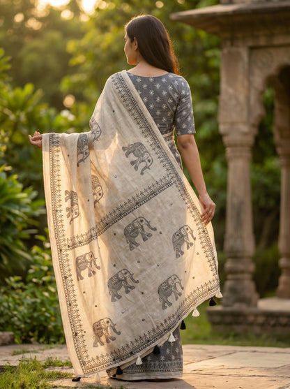 Amthi Off White Pure Linen Saree with Elephant Block Print, Mirror Work & Tribal Border
