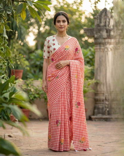 Amthi Women's Checked Linen Saree with Tassels and White Contrast Blouse