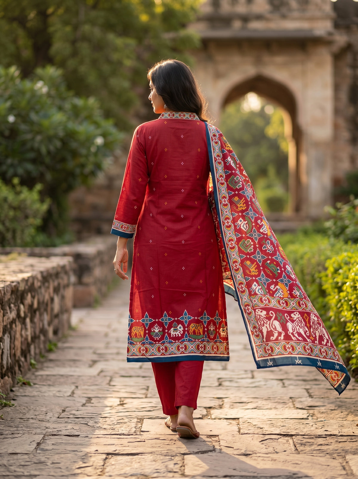 Amthi Red Pure Cotton Patola Print Kurta Set for Women | Festive & Casual Wear