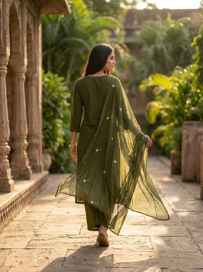 Amthi Women's Olive Green Floral Embroidered Pure Cotton Kurta Set