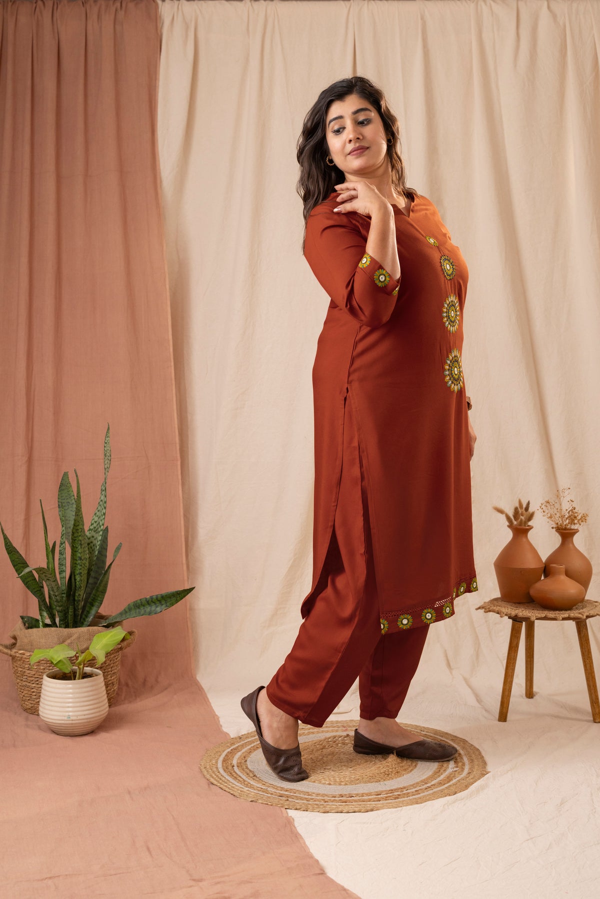 Amthi Women Rust Viscose Rayon Embroidered Straight Kurta Pant Set