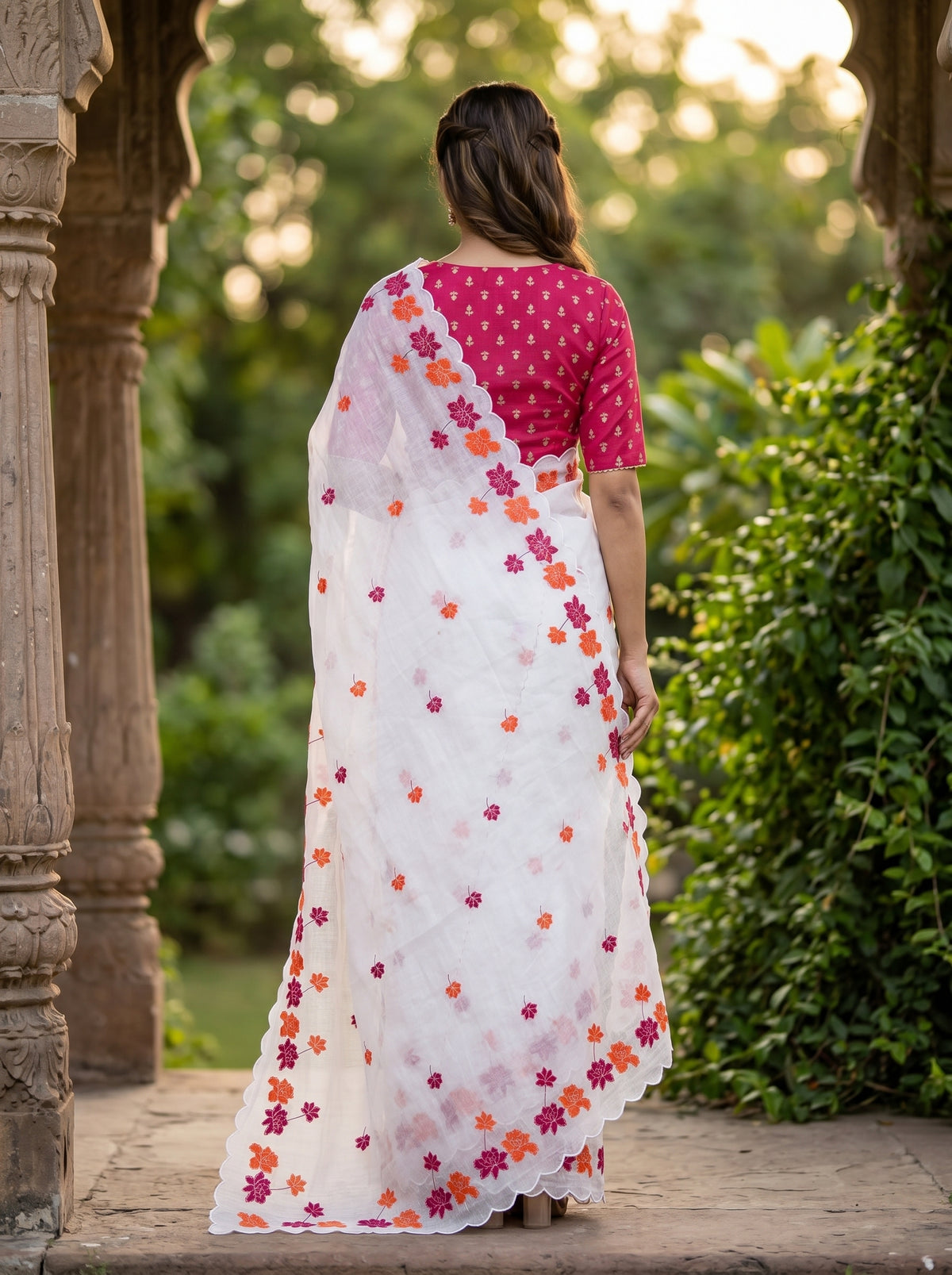 Amthi White Linen Saree with Lotus Floral , Gold Zari Aari Embroidery & Scallop Cut Border