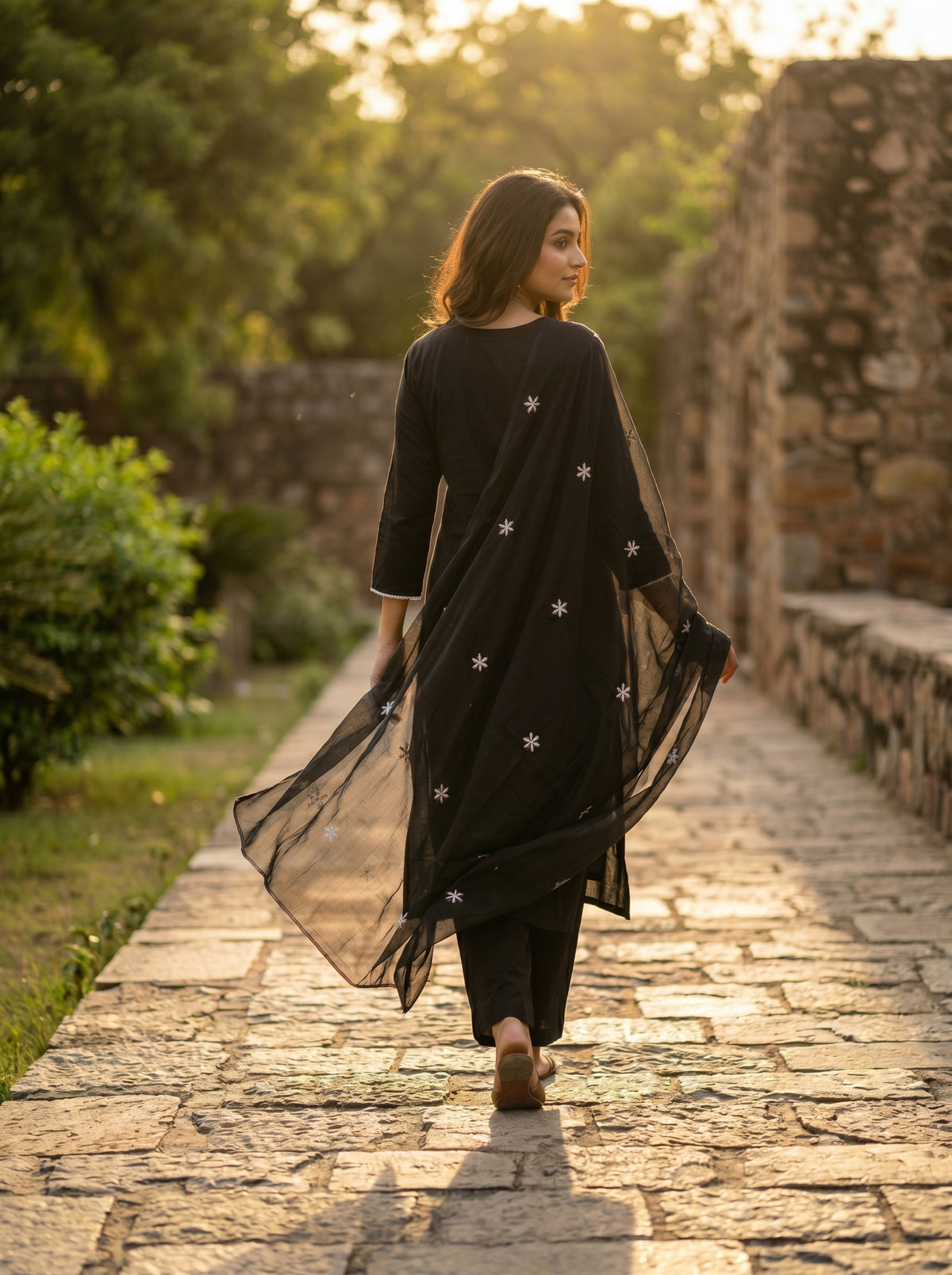 Amthi Women's Black Pure Cotton Embroidered Straight Kurta with Trousers and Dupatta Set
