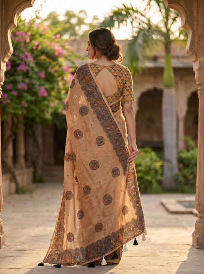 Light Brown Linen Saree with Kalamkari Circular Medallion Print & Mirror Work