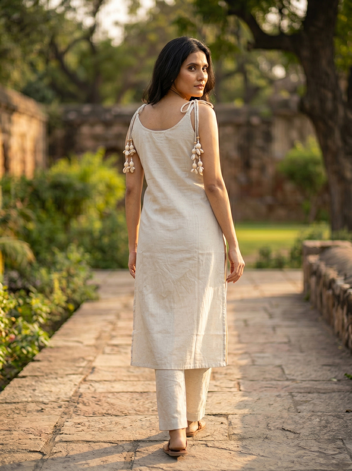 Amthi Off-White Linen Kurta Set for Women | Mirror Work & Cowrie Shell Dori Co-ord Set