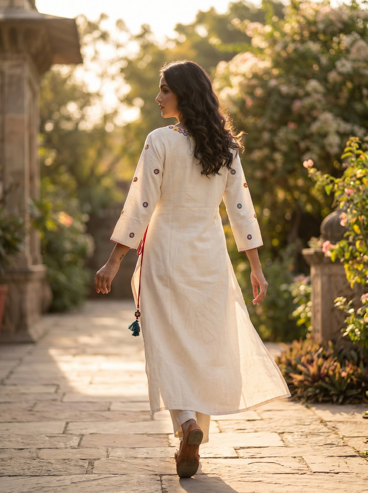 Amthi Off White Linen Kurti for Women | Angrakha Neck Kurta