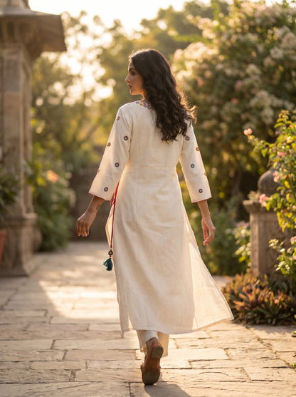 Amthi Off White Linen Kurti for Women | Angrakha Neck Kurta