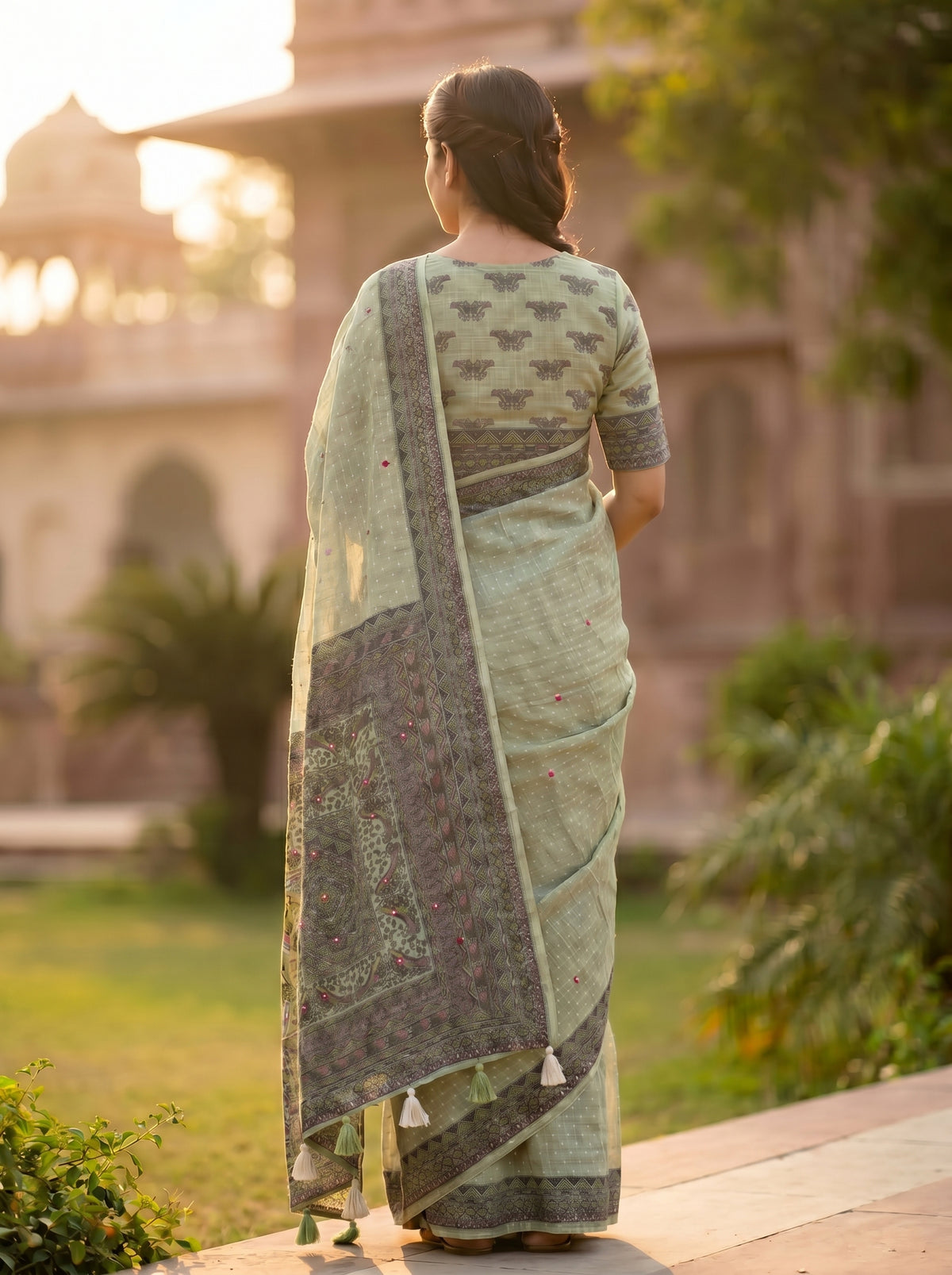 Amthi Sage Green Pure Linen Saree with Mirror Work Butti & Woven Geometric Border